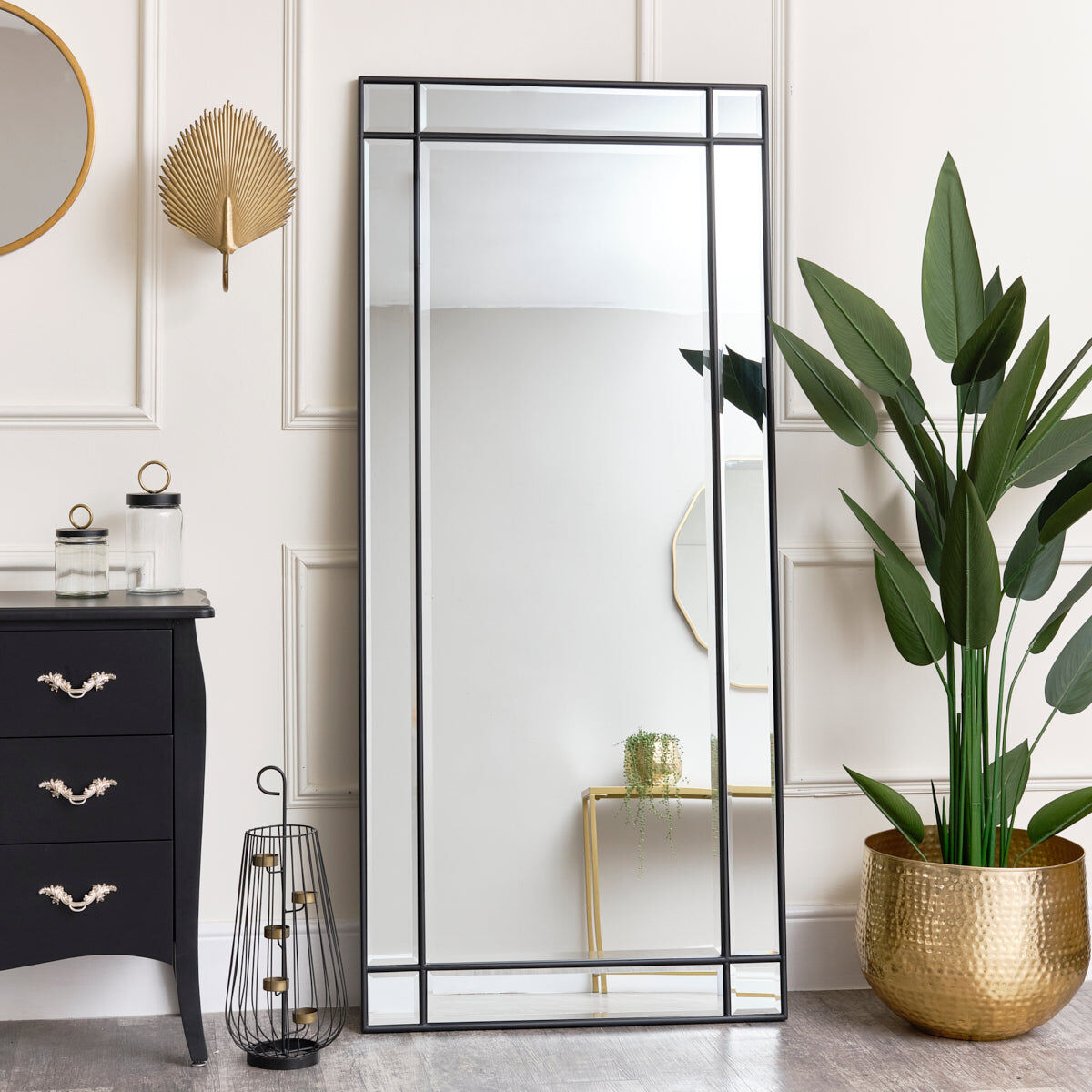Large Black Framed Wall / Leaner Mirror with Bevelled Glass 80cm x 180cm Wood, Metal, Glass