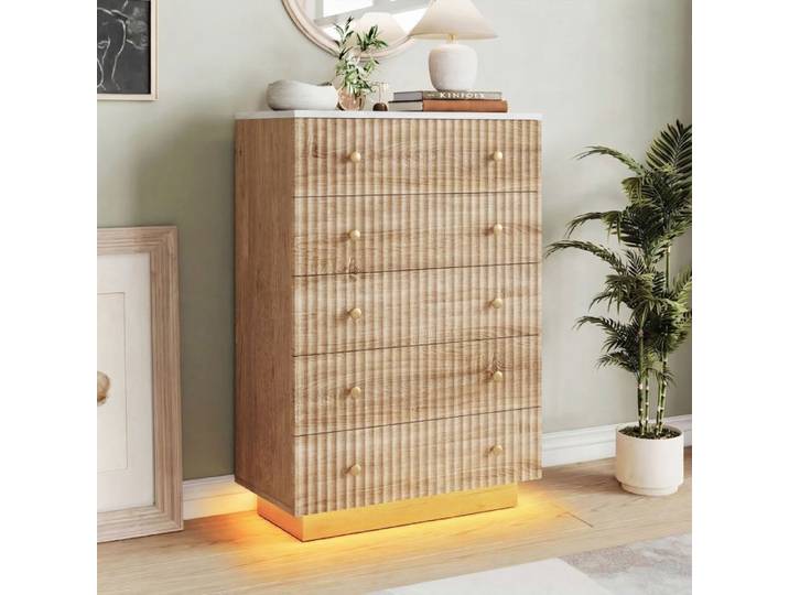 Commode Bois Commode 5 Tiroirs avec LED Armoire à Tiroirs Chambre Meuble a Tiroirs Rangement avec Anti-Basculement 73×40×111cm