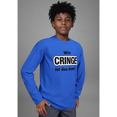 Langarmshirt KIDSWORLD "Spruch: Wie CRINGE ist das denn?", Jungen, Gr. 176/182, blau (royalblau), Single Jersey, Obermaterial: 100% Baumwolle, bedruckt, Basic, Rundhals, Shirts Langarmshirt, Sprücheshirt, immer einen lässigen Spruch