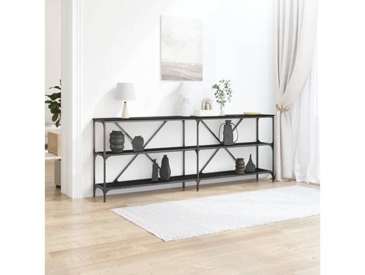 HEFZGDB Konsolentisch Schwarz Eiche 200x30x75 cm Holzwerkstoff & Stahl mit DREI Etagenregalen für Stauraum und Organisation, minimalistisches Design für Wohnzimmer, Büro