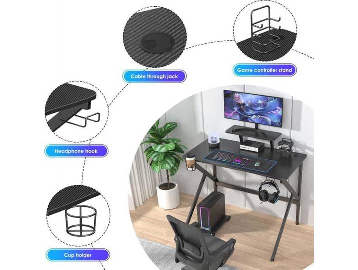 SUPFINE Bureau Gaming Bureau Gamer avec Support de Moniteur Table de Jeu Noir Plateau en Fibre Carbone 100x55x74cm