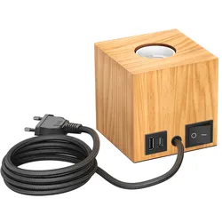 ledscom.de Tischlampe HITO, Schalter, USB, Echtholz (Gummibaum), quadratisch, hellbraun, 1x E27 max. 60W