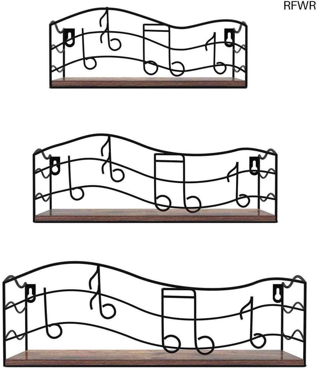 RFWR Rustieke Wandrekken van Hout en Metaal met Muziekdesign, Set van 3 Zwevende Planken voor Keuken, Badkamer, Kantoor en Woonkamer