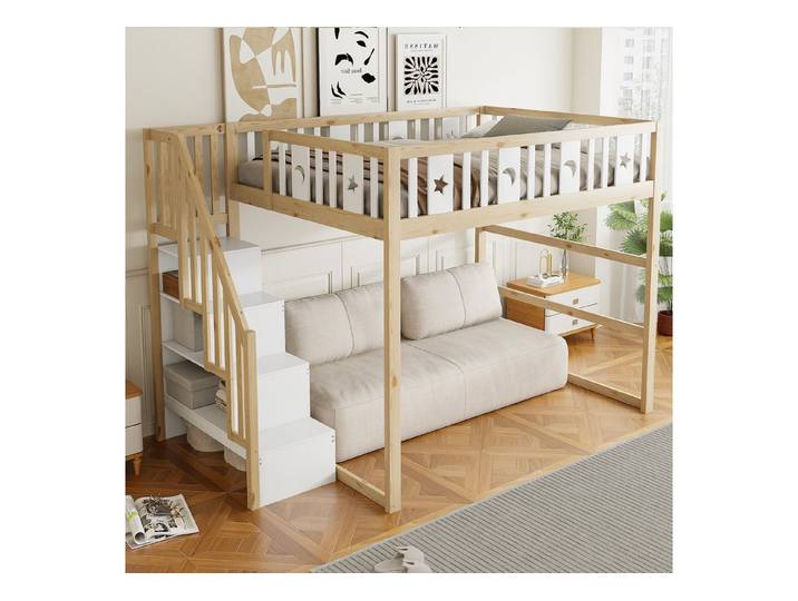 OKWISH Hochbett Kinderbett Stauraumbett (mit Massivholzrahmen, Treppe & Sicherheitsgeländer, 140x200 cm) Inklusive Matratze