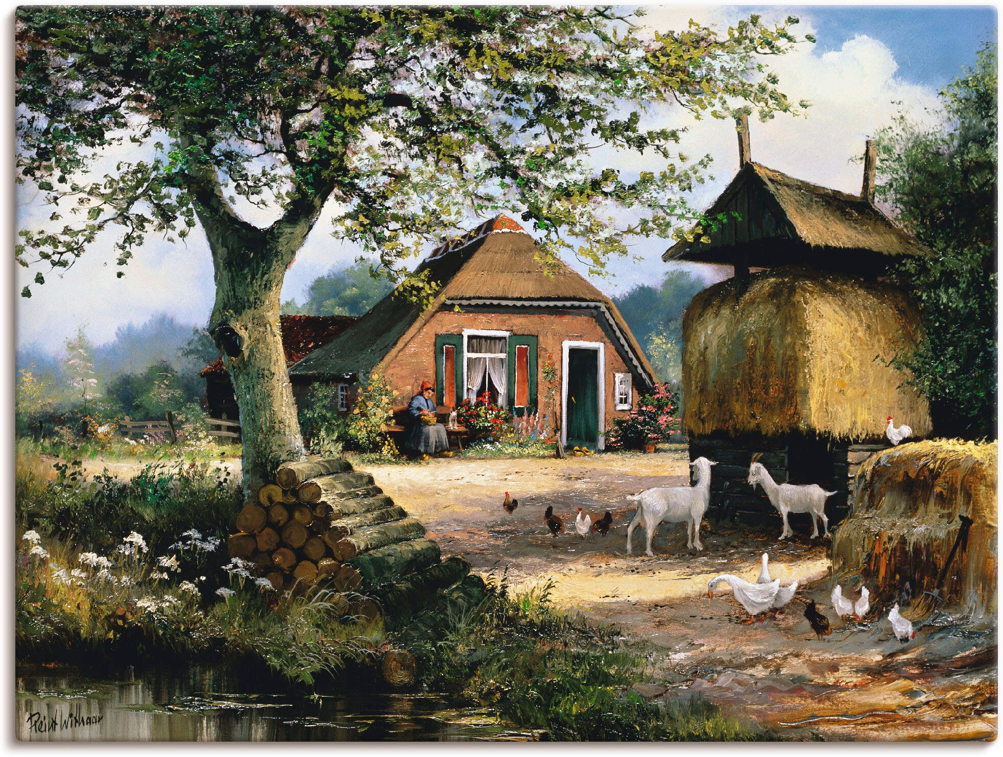 Wandbild ARTLAND "Idyllische Farm mit Hühnern und Ziegen", grün (farbe bild(er): grün), B:80cm H:60cm, Bilder, Wandbild, als Leinwandbild, Poster in verschied. Grössen farbe bild(er): grün B/H/T: 80cm x 60cm, Leinwandbild Garten Querformat, 1 Stk.