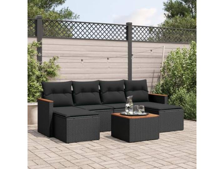 7 tlg. Gartensitzgarnitur schwarz mit Kissen, Couchtisch aus Akazienholz, modulares Rattan PE Behälter und wasserfester Tasche