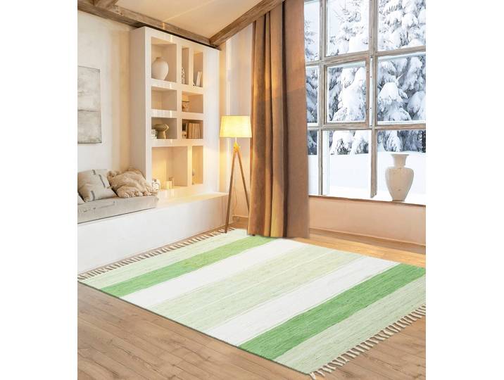 Teppich GOODPRODUCT Alizee , grün, B:120cm H:5mm L:180cm, Baumwolle, Teppiche, Teppich, Wendeteppich, reine Baumwolle, handgewebt, gestreift, mit Fransen