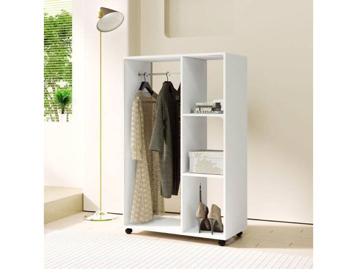 Penderie Mobile Armoire roulante blanche 80x40x128cm - Penderie mobile avec tringle 3 étagères - Idéale couloir/chambre