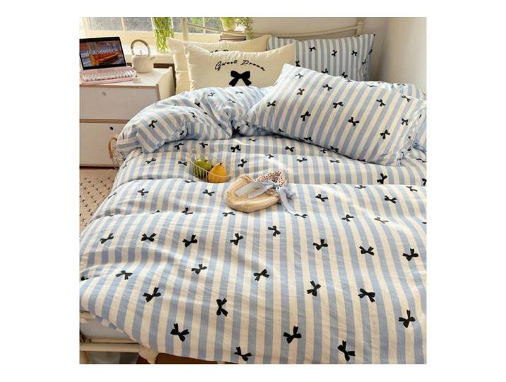 LuxusKollektion Jugendbettwäsche Bettwäsche 135x200 4tlg Weiß/Blau Streifen Schleife