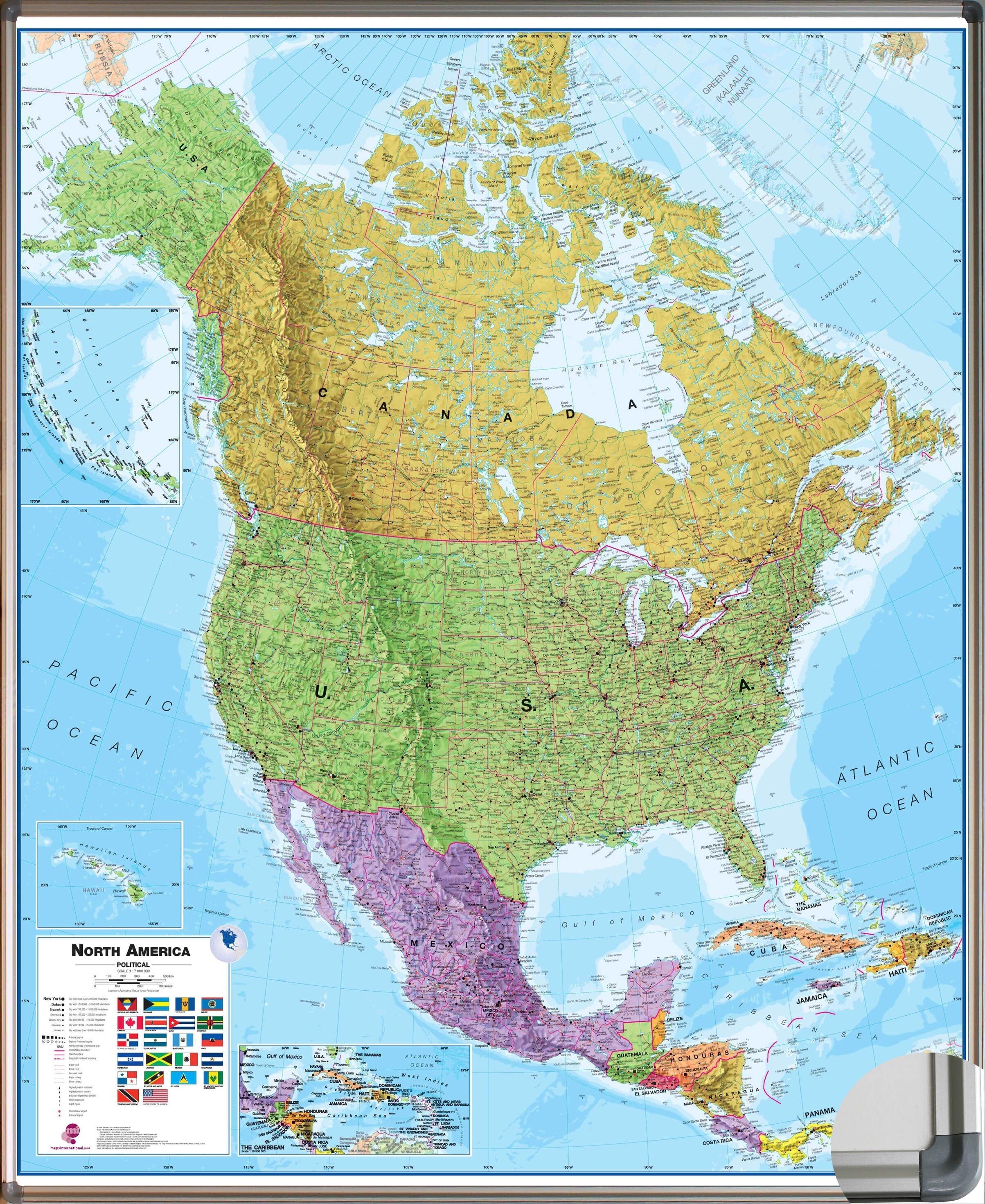 Panneau épinglable (en anglais) - Amérique du Nord politique - 120 x 100 cm   Maps International