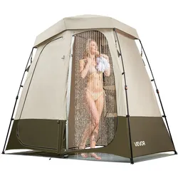 VEVOR Duschzelt mit 2 Räumen, Toilettenzelt (250x122x218 cm) mit Sichtschutz, Umkleidezelt inkl. Heringen & Seilen & Tragetasche & Querstange, aus 150D Oxford-Gewebe für Camping Strand Angeln Khaki