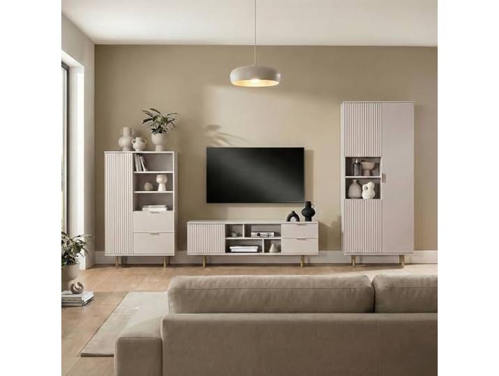 Lomadox Wohnmöbel Set Wohnwand Kaschmir 3-teilig modern 1 Highboard, 1 Lowboard, 1 Vitrine