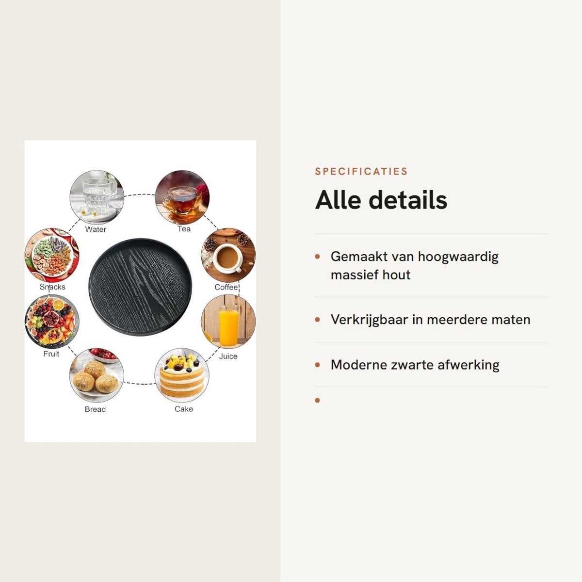 Dailygoods Rond Houten Dienblad met Antislip - Zwart - Diameter: 30 cm