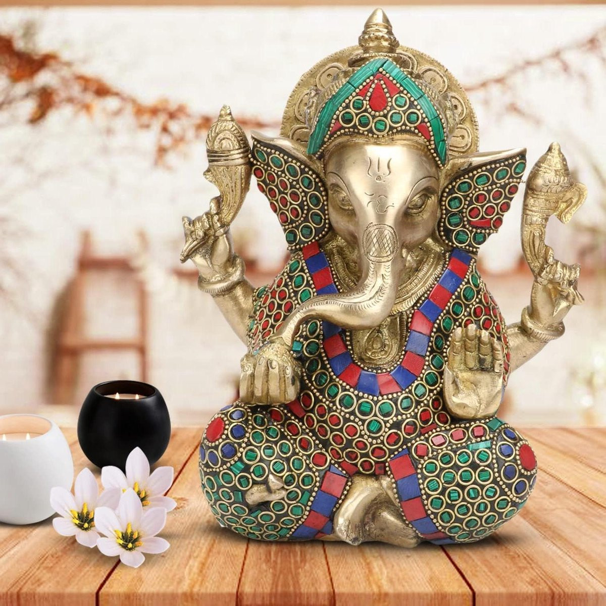 Ganesha Standbeeld Bhagwan Murti Multicolor Edelsteen Decoratie Hoogte: 20,32 cm