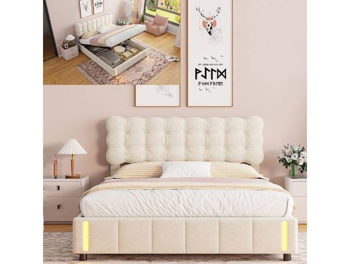 Lit 160x200 cm - LED - tissu en Velours - cadre de lit adulte - lit double 160x200 cm - 160x200 cm - Beige