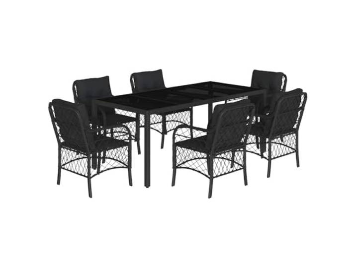 PUGYNBK 7-teiliges Esszimmer Set aus synthetischem Rattan in schwarz Abnehmbare dicke Kissen, Sicherheitsglastisch, Stahlkonstruktion, für den Außenbereich
