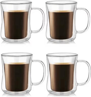 Inspire Picks Handmade Double Wall Glass Cup Set Heat Resistant Transparent Beer, Coffee & Whiskey Mugs 4pcs 220ml