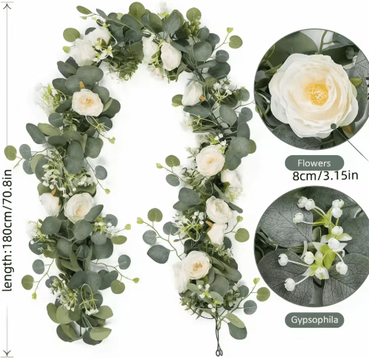 Inspire Picks EverBloom Artificial Eucalyptus & Rose Garland 5.9FT Floral Table Runner For Wedding & Home Decor white 1pc