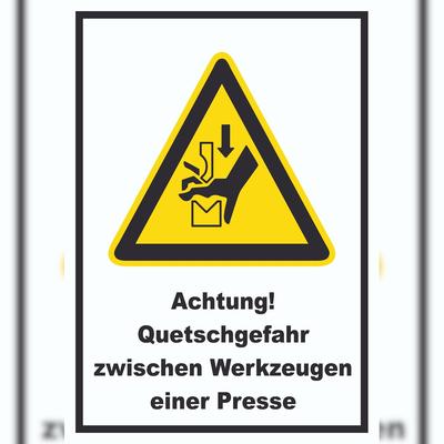 HB-Druck Achtung Quetschgefahr zwischen Werkzeugen einer Presse A5 (148x210mm) Schild