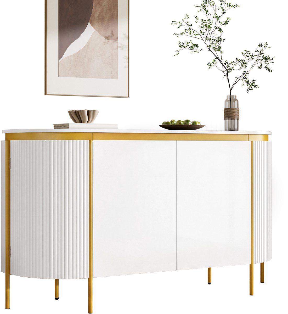 Modern Buffetkast Sideboard met 4 deuren en gouden decorlijst - Ovale vorm met geribbelde deuren - Breedte: 140 cm, Diepte: 38 cm