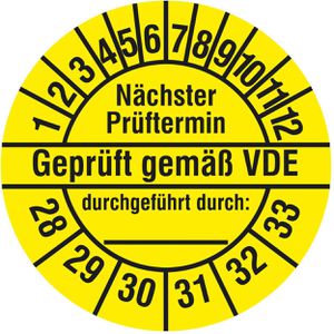 Böttcher-AG Prüfplaketten Nächste Prüftermin geprüft gem. VDE, 2028-2033, gelb, Ø 30 mm, 1.000 Stück