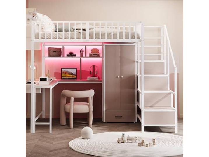 Merax Metall Hochbett 140x200 cm, mit Schreibtisch, Regal, Kleiderschrank und Schubladen, Hochbett mit LED Beleuchtung, Steckdose, USB Typ C, weiß (ohne Matratze)