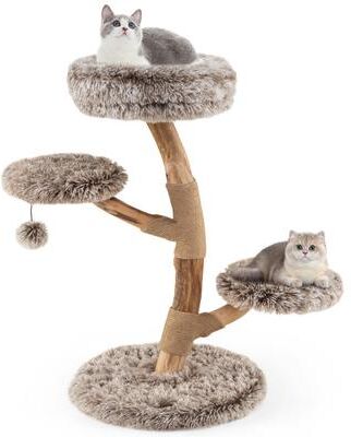 Costway Cat Tree Solid Pear Wood with Perch and Natural Jute Scratching Posts-Brown