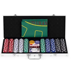 Qixi Toys Poker- und Blackjack-Set – 500 Chips, 2 Kartendecks, Würfel, Spielmatte, abschliessbarer Koffer