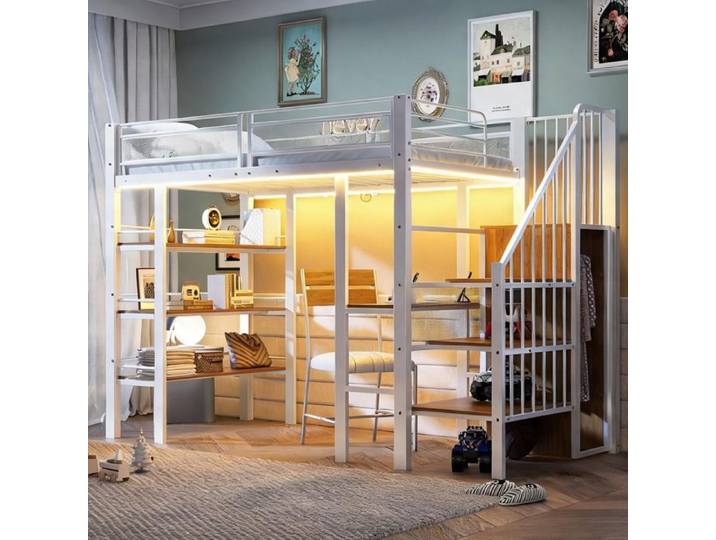 252 x 98 x 178.5 in Beds and Frames and combining bureau et rangements White Metal and Lit mezzanine 1 place 90x200 cm blanc avec