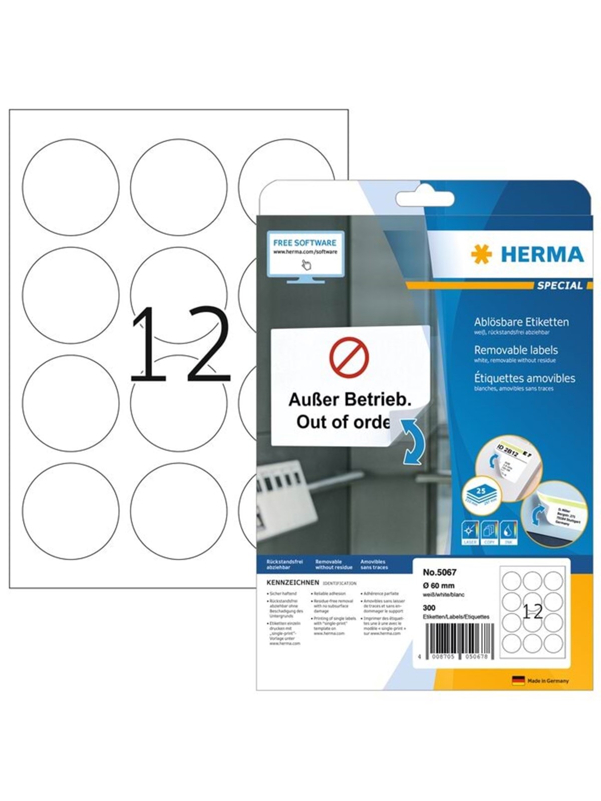 HERMA Ablösbare Etiketten A4, Ø 60 mm, rund, weiß
