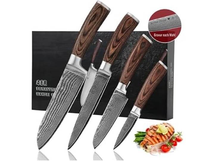 Wakoli EDIB 4er Damastmesser Set mit Gravur – Personalisiertes Küchenmesser Set, Santoku, Fleischmesser, kleines Santoku & Officemesser, 67 Lagen Damaststahl, Pakkaholzgriff, Geschenkbox