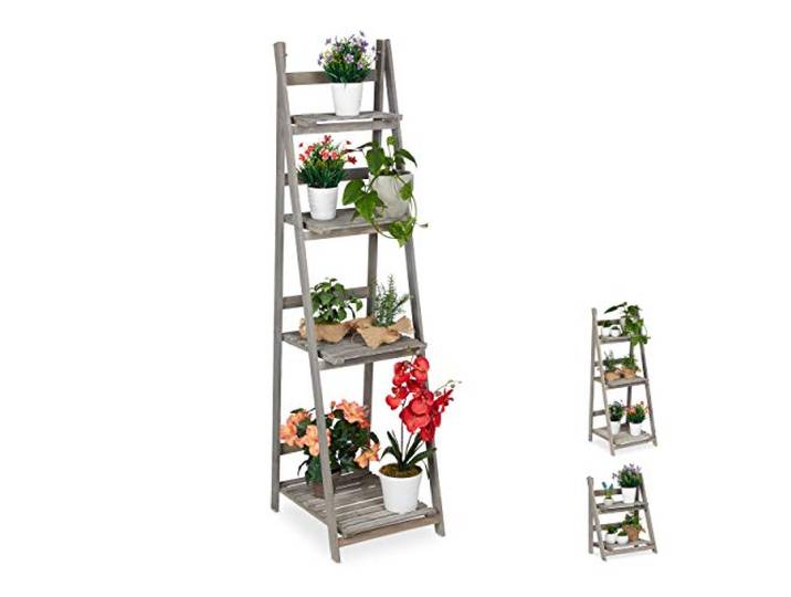Relaxdays Escalier à Fleurs\, étagère Bois\, Escalier Plantes échelle Pliante intérieur\, HxlxP: 160 x 41 x 50 cm\, Gris