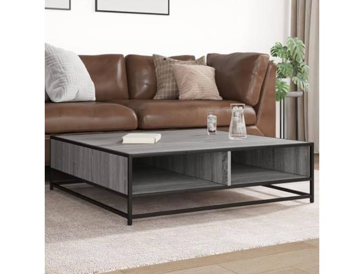 HEFZGDB Couchtisch Grau Sonoma 100x100x30 cm Holzwerkstoff Metall Beistelltisch mit Stauraum Industriestil Wohnzimmertisch