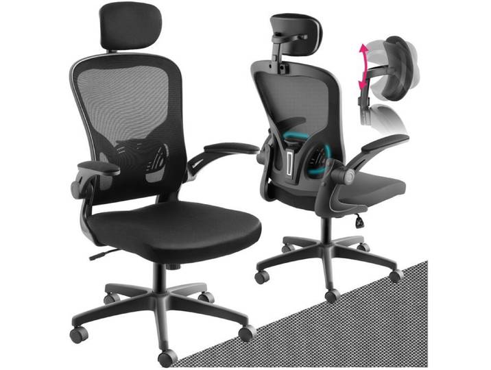 Fauteuil de bureau - TECTAKE - Chaise de bureau ARGES ergonomique appuie-tête et soutien lombaire réglables en hauteur - Noir