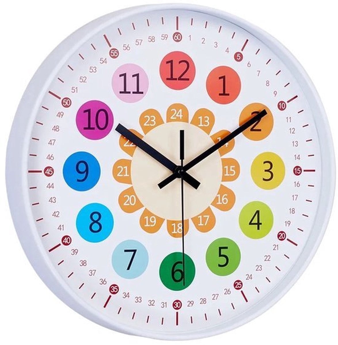 Ronde digitale educatieve wandklok voor de kinderkamer met dubbele schaal, diameter: 30 cm, felgekleurd