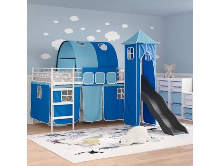 SKTQYQO Kinderbett Loft weiß blau 100 x 200 cm Metallgestell, Vorhang aus Netz, blau oder schwarz, faltbar, für Innenzimmer