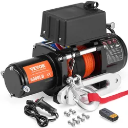 VEVOR Elektrische Seilwinde, 6000 lb Tragkraft, 12 V DC für LKWs mit 1/4 Zoll x 55 Fuß Synthetikseil, Aluminium-Seilführung, zwei Fernbedienungsoptionen, IP55-Wasserbeständigkeit, ideal zum Schleppen von SUVs, LKWs, Jeeps, Anhängern und Booten