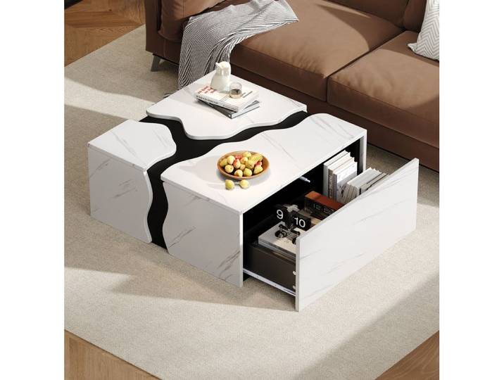 Table Basse Moderne Plateau effet Marbre - 1 Tiroir - 70x70x31 cm - Blanc