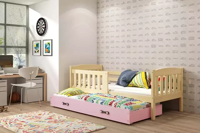 Kinderbett mit Zustellbett ohne Matratzen 80x190 BRIGID - Kiefer / Rosa