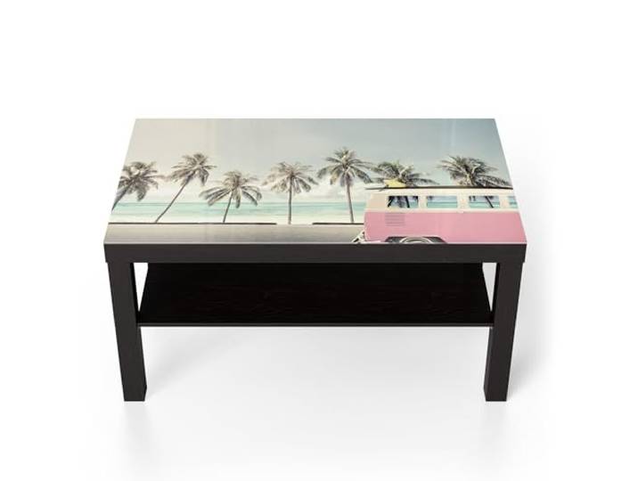 DEQORI Glastisch schwarz groß 90x50 cm Motiv Retro Wellenreise ausgefallener Beistelltisch aus Glas Hochglanz Couchtisch fürs Wohnzimmer moderner Couch Tisch mit Design