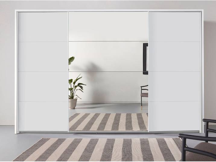 Schwebetürenschrank, Weiß, 323x214x68 cm, Holzwerkstoff, Mit Mittelspiegel & 3 Schubladen, Modern, Rauch
