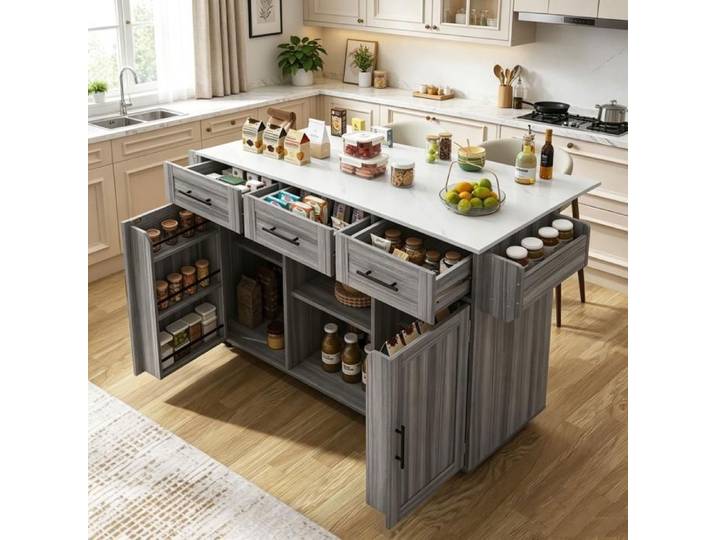 Desserte îlot de Cuisine sur roulettes Gris Meuble de Cuisine avec Plans de Travail Rabattable Porte-torchons 3 Tiroirs 2 Portes