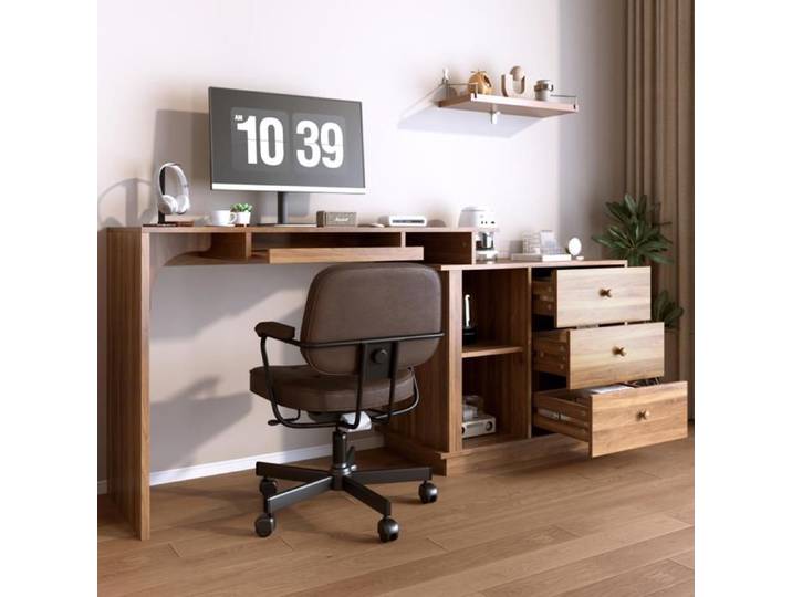 Bureau informatique extensible MDF déco noyer tiroir clavier 3 tiroirs et niches de rangement pour bureau à domicile