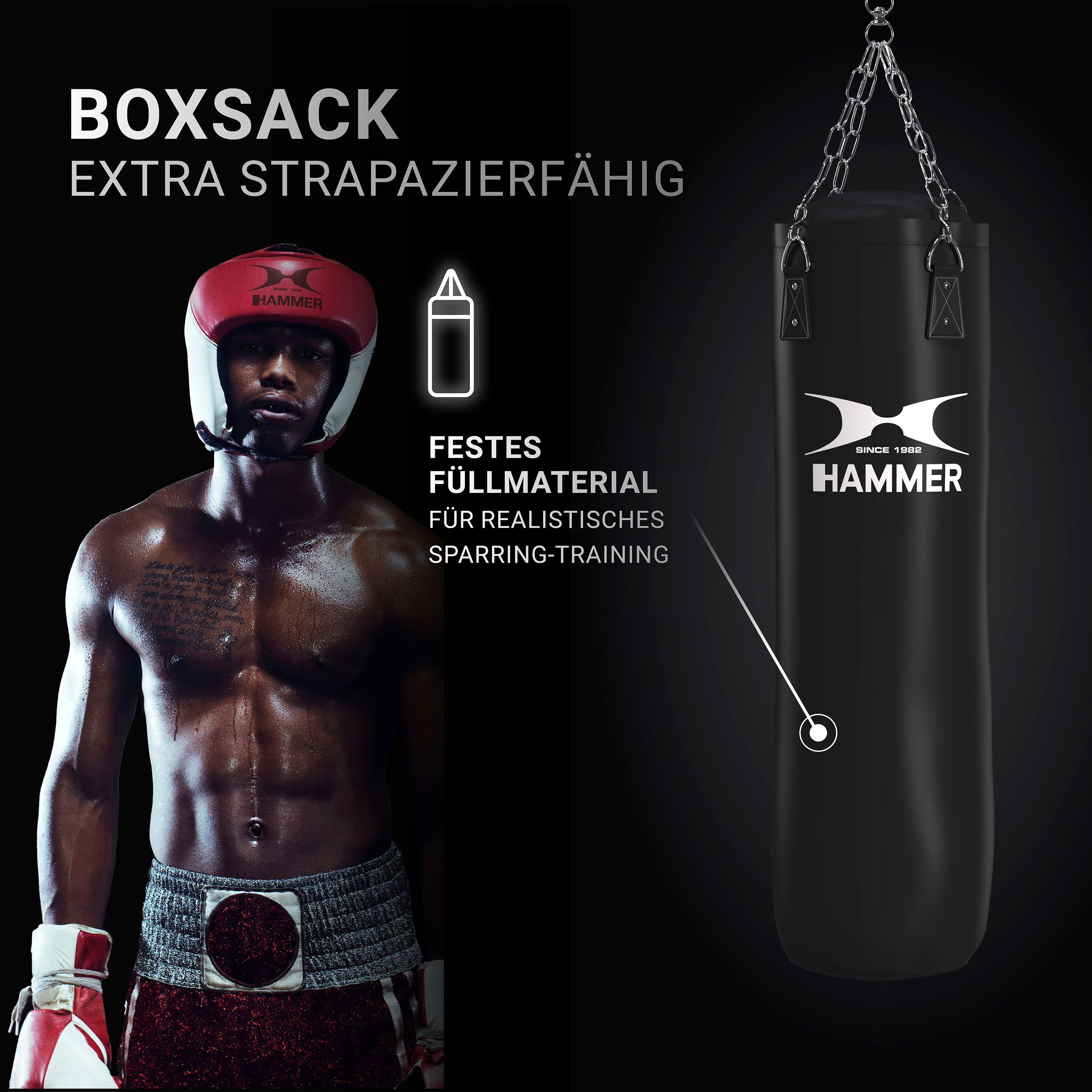 Boxsack HAMMER "Black Kick" Gr. 1, schwarz, Boxsäcke, B/H/L: 35cm x 100cm, Logo, unifarben, Boxsack, B:35cm H:100cm schwarz B/H/L: 35cm x 100cm