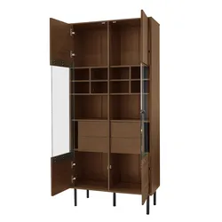 OKWISH Vielseitiger Aufbewahrungsschrank, Vitrine, Barregal, 75x35x164 cm, Holzoptik, Glasfront, stabile Metallfüße, für Wohnzimmer, Büro, Badezimmer