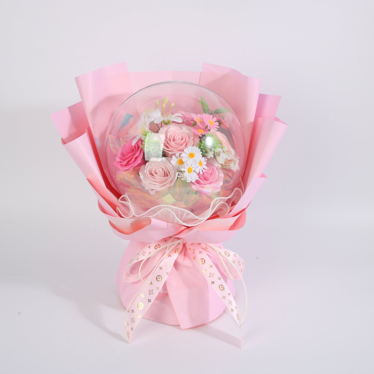 La Roselle Amsterdam Bubble Kunstbloemen Boeket – Geurende Rozen in Transparante Bubble Lichtroze