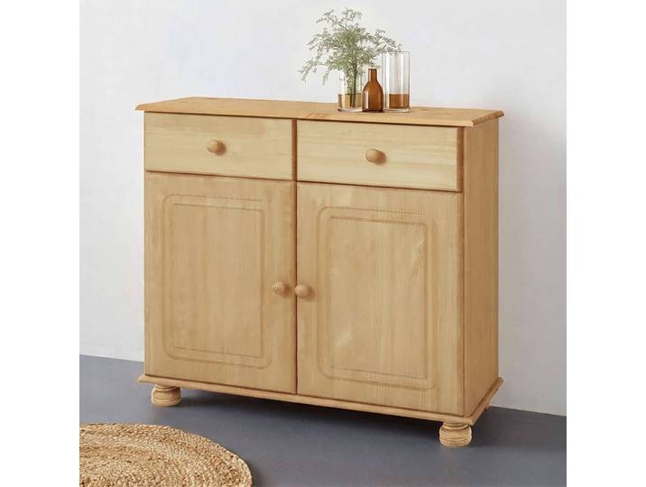 Sideboard GOODPRODUCT Mette Kommode mit 2 Türen & 1 Schubladen, die optisch geteilt ist , beige (natur gebeizt, gewachst), B:80cm H:77cm T:34cm, Massivholz, Sideboards, Sideboard, Kommode mit gefrästen, kugelförmigen Füssen, 2 Türen und 1 Schublade