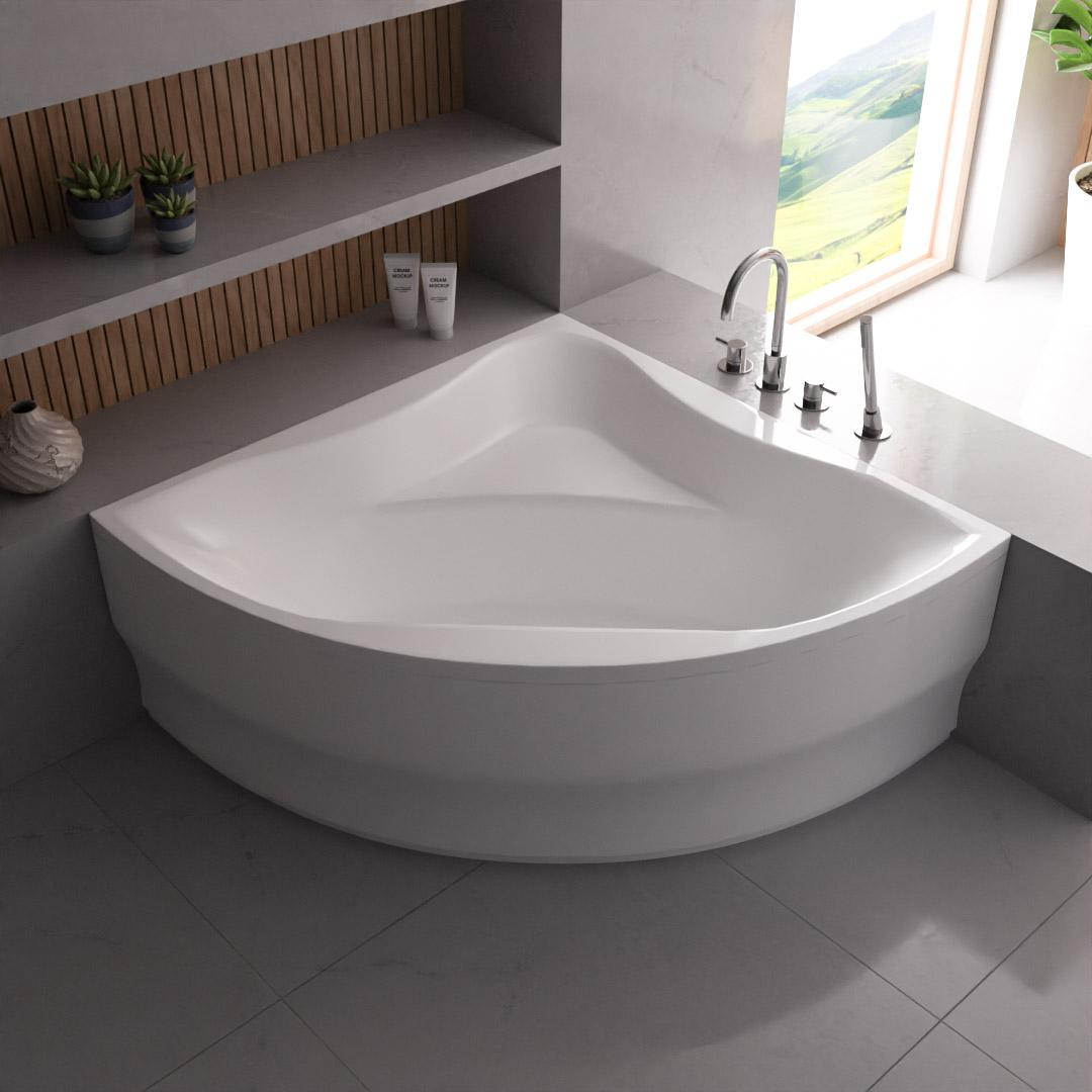 ECOLAM Badewanne Glamour 150x150 cm Eckbadewanne + Schürze Wanne mit Sitz symmetrische Acrylwanne Eckwanne Ablaufgarnitur Füße Silikon