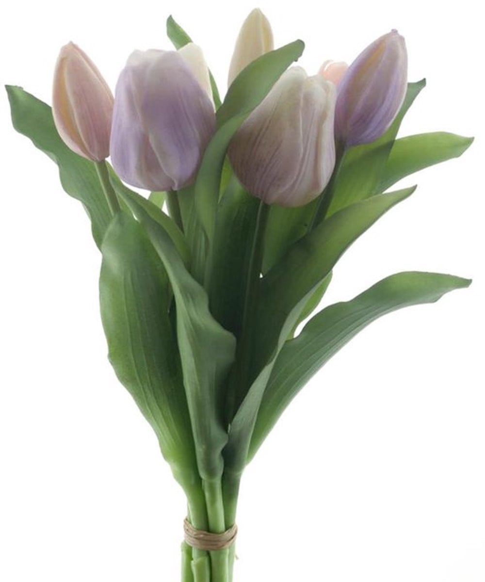 Sally Vermeer kunsttulpen boeket met 7 paarse en lavendelkleurige tulpen, Real Touch, 31 cm