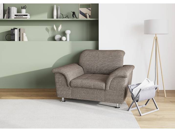 Sessel DOMO COLLECTION FRANZI zeitlos & elegant, moderne Sitzheftung , beige (beige, braun), B:120cm H:81cm T:97cm, 90% Polyester, 10% Acryl, Sessel, Sessel, mit Kopfteilverstellung, bequeme Armlehnen, chromfarbene Füsse
